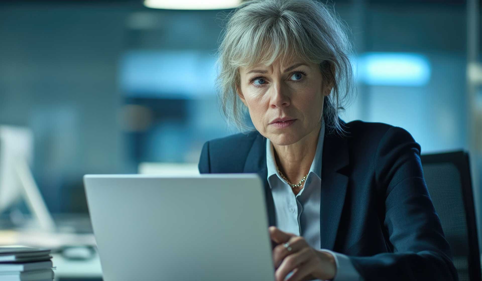 Nachdenkliche Geschäftsführerin im Büro vor Laptop – Symbolbild für strategische Umlagenbildung im Bauunternehmen