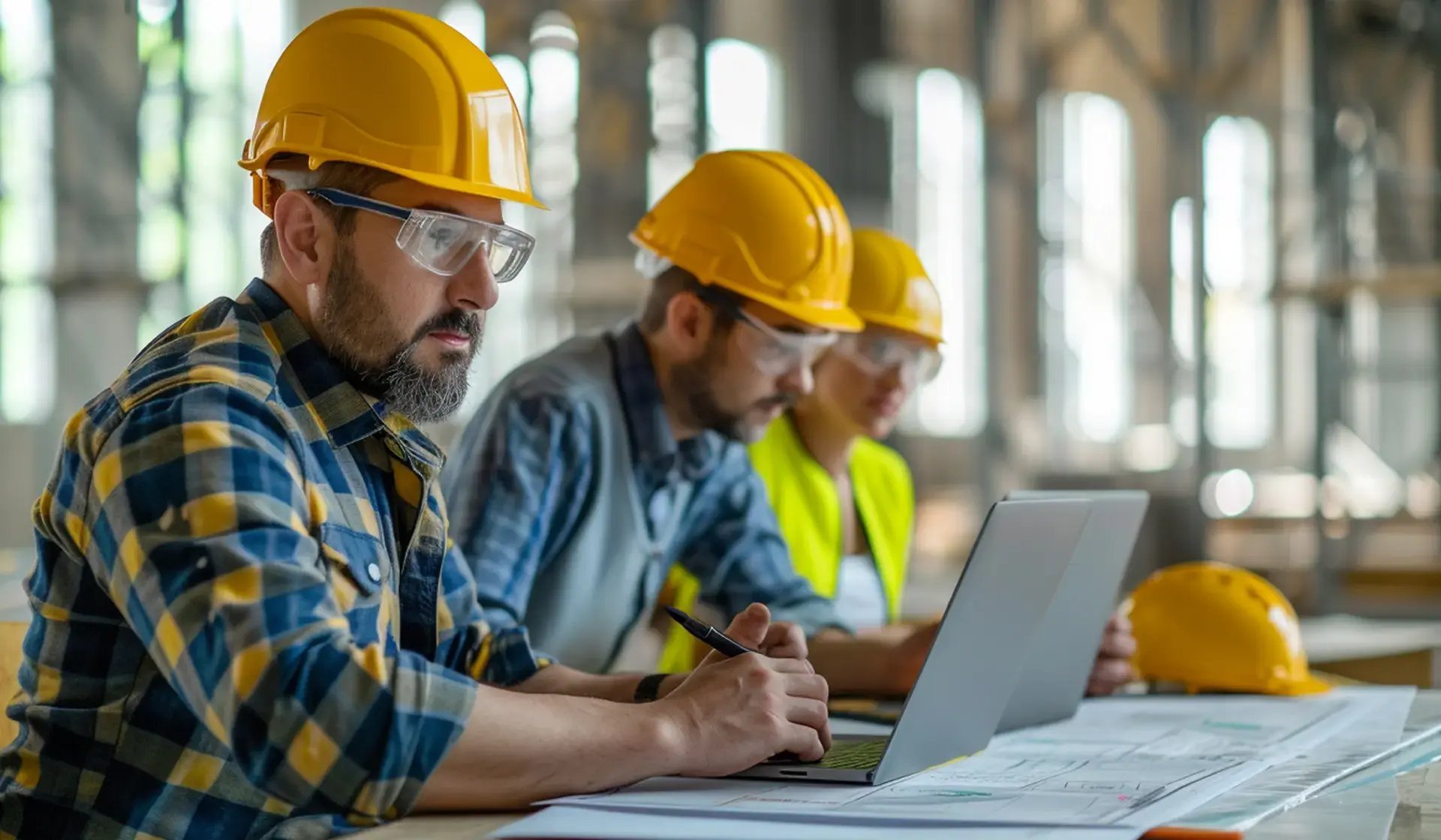 Bauarbeiter mit Schutzhelmen und Laptop auf Baustelle – Weiterbildung und digitale Planung im Baugewerbe