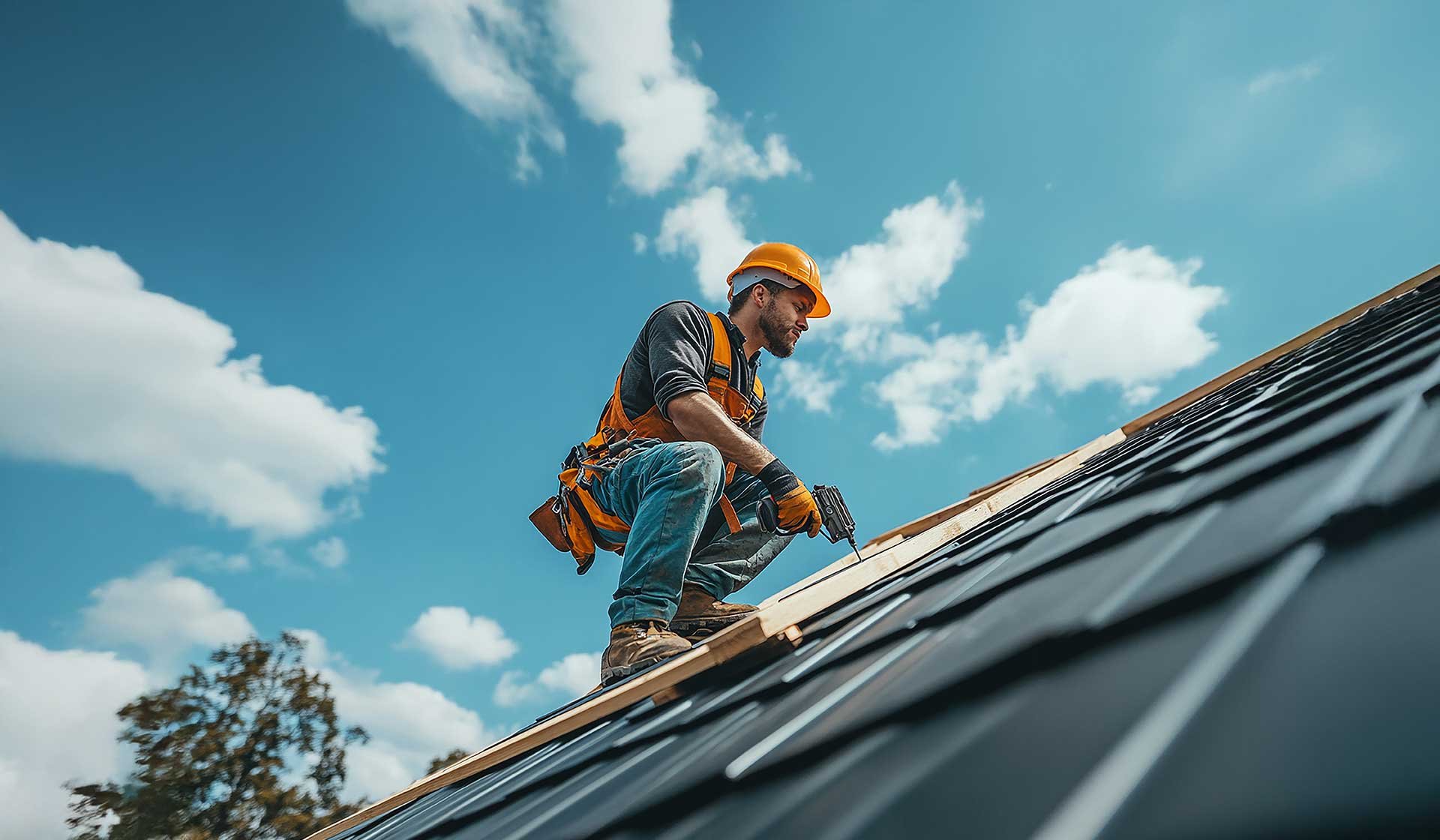 Dachdecker mit Schutzhelm und Werkzeug arbeitet auf einem geneigten Dach unter blauem Himmel – Symbolbild für Kosten und Arbeitsaufwand im Dachdeckerhandwerk
