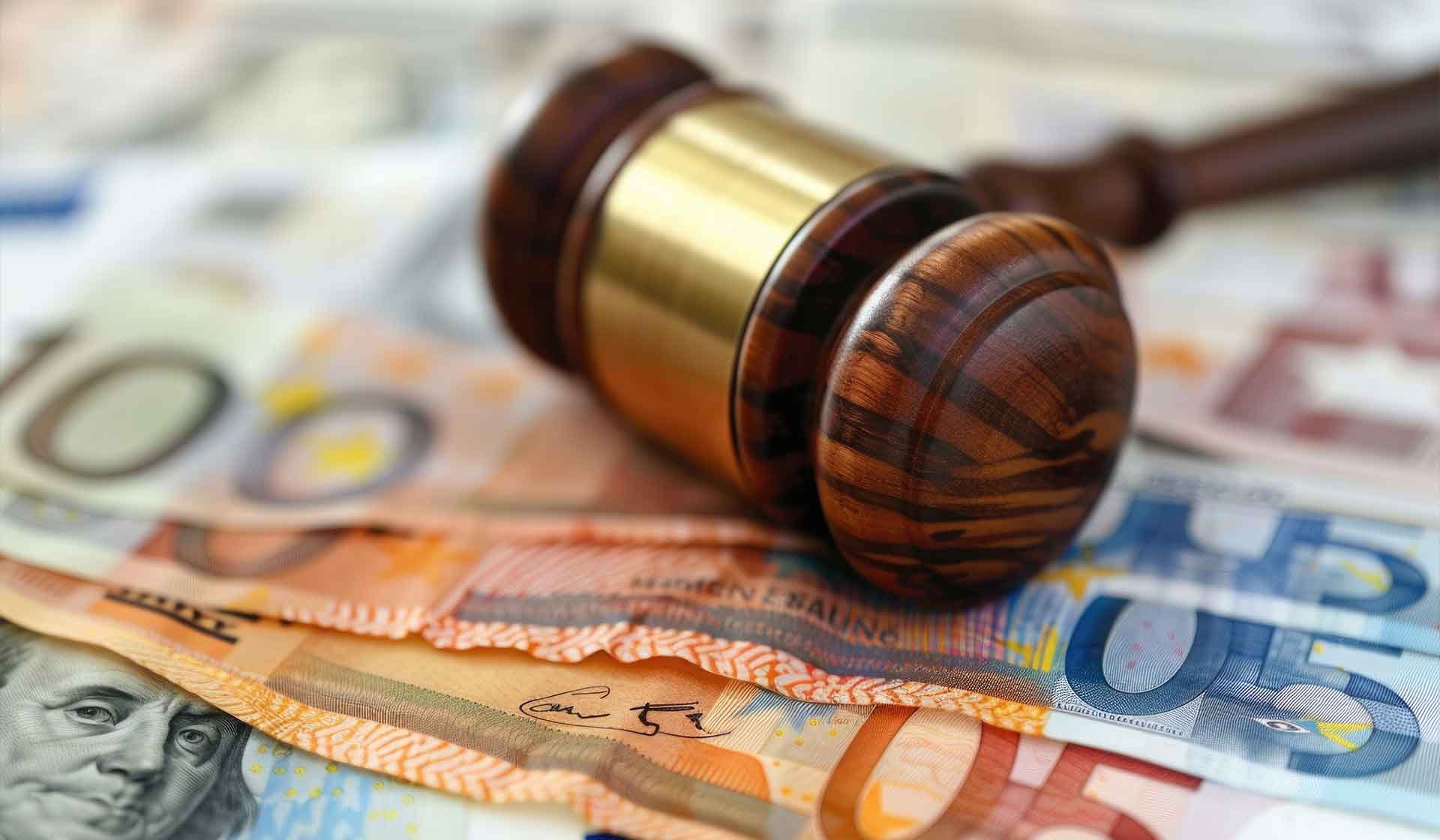 Richterhammer auf Euro- und Dollarnoten – Symbolbild für Zahlungsverzug beim Bauvertrag