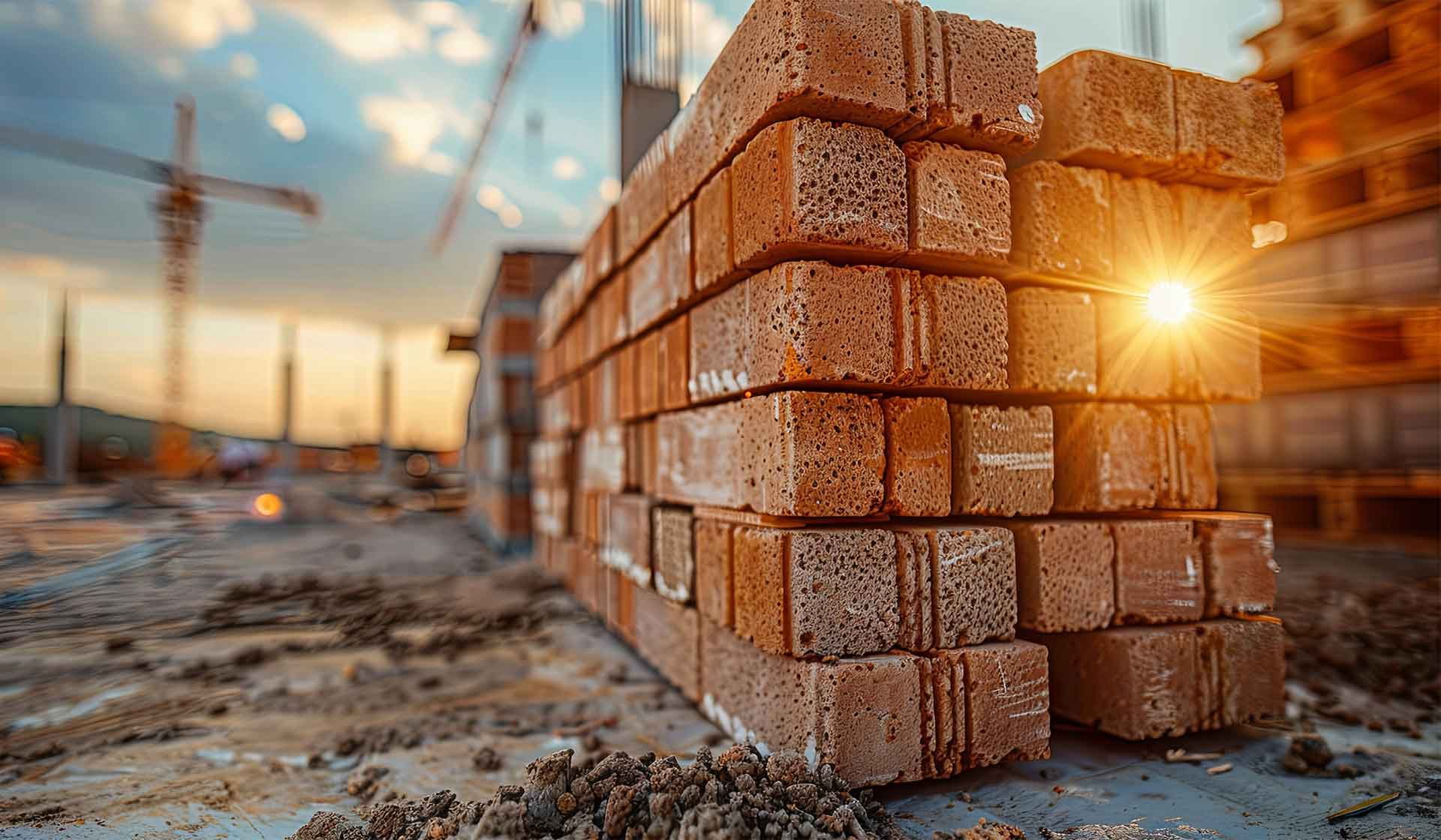 Baustelle in Deutschland bei Sonnenaufgang mit gestapelten Ziegelsteinen – Symbol für Veränderungen und Aufbruch im Baugewerbe 2025