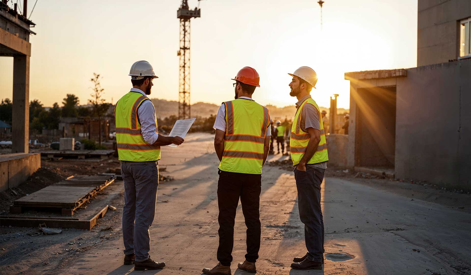 Drei Bauleiter mit Schutzhelmen und Warnwesten besprechen auf einer Baustelle bei Sonnenuntergang Unterlagen – Symbolbild für Meldepflichten, Dokumentationspflicht und Kontrollen im Baugewerbe