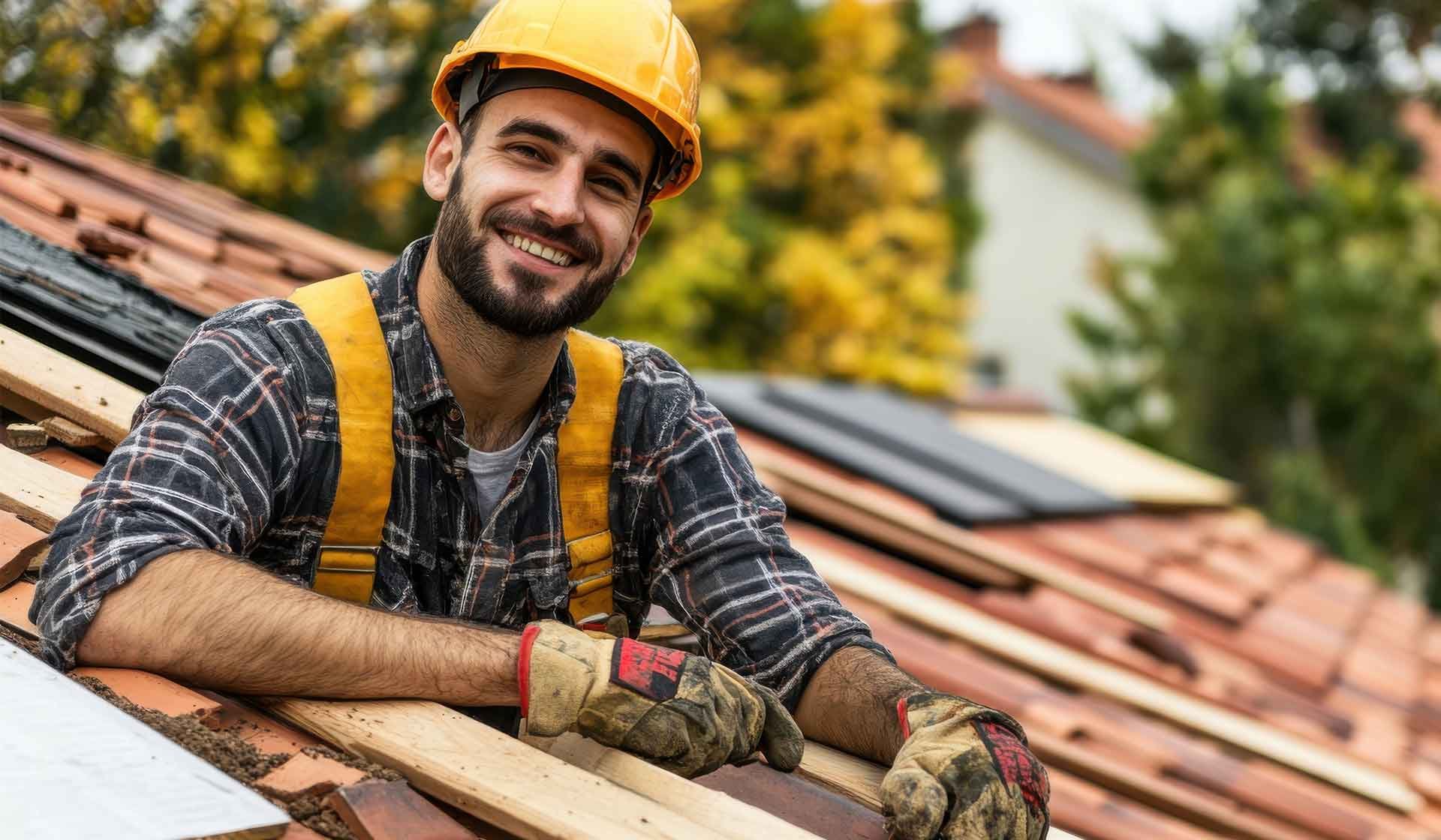 Dachdecker mit Schutzhelm und Arbeitskleidung lächelt auf einer Baustelle – Symbolbild für Tarifverträge, Lohnerhöhungen und Arbeitsbedingungen im Dachdeckerhandwerk