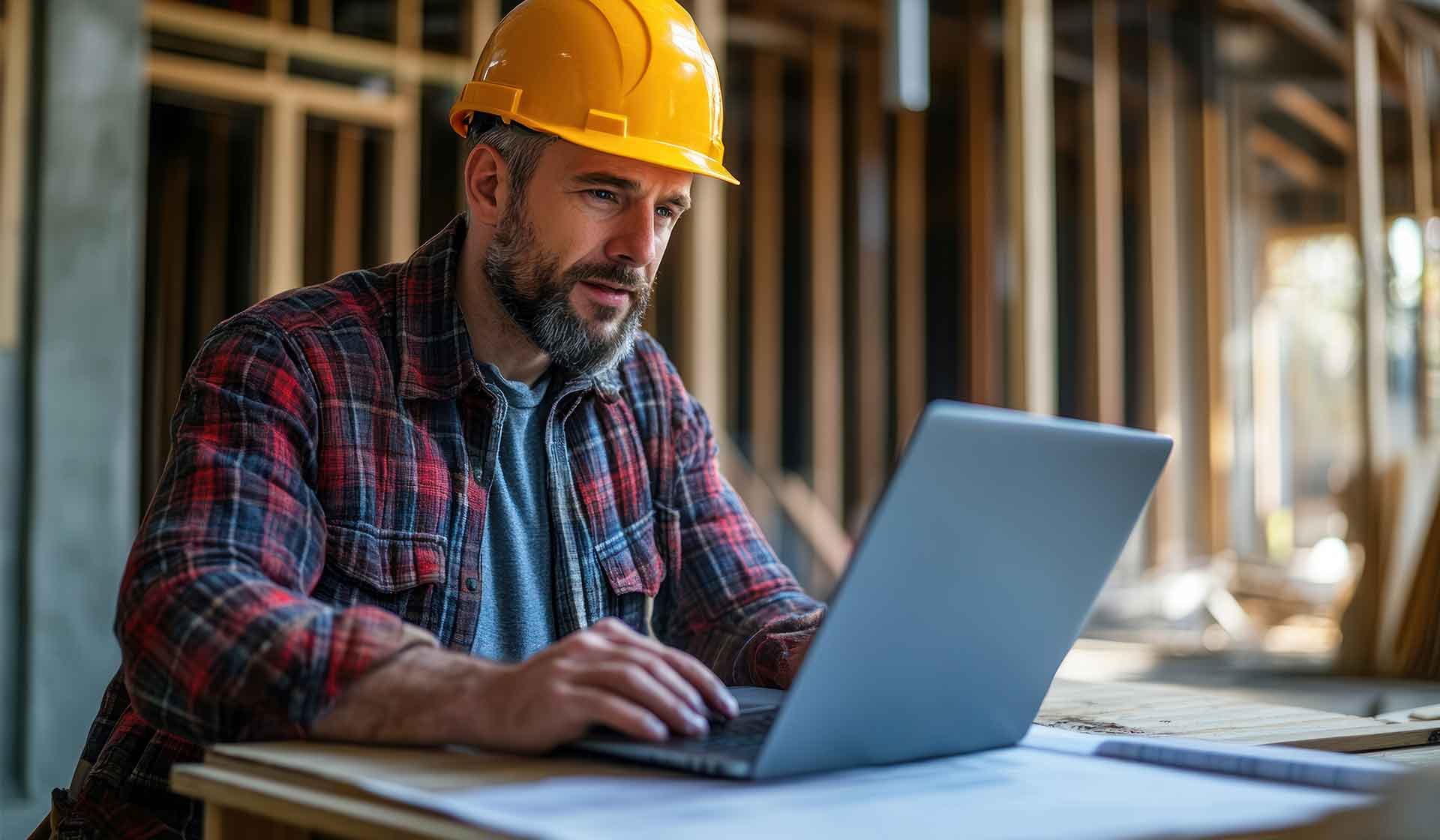 Bauleiter mit Schutzhelm arbeitet am Laptop auf der Baustelle – Weiterbildung und digitale Planung im Baugewerbe